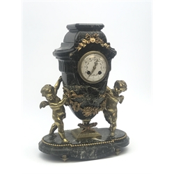 Late 20th century green marble mantel clock, urn shaped with circular Arabic dial, two gilt winged putti either side, floral and ribbon garland mounts, on plinth, twin train movement striking the hours and half on bell, H35cm (with pendulum)