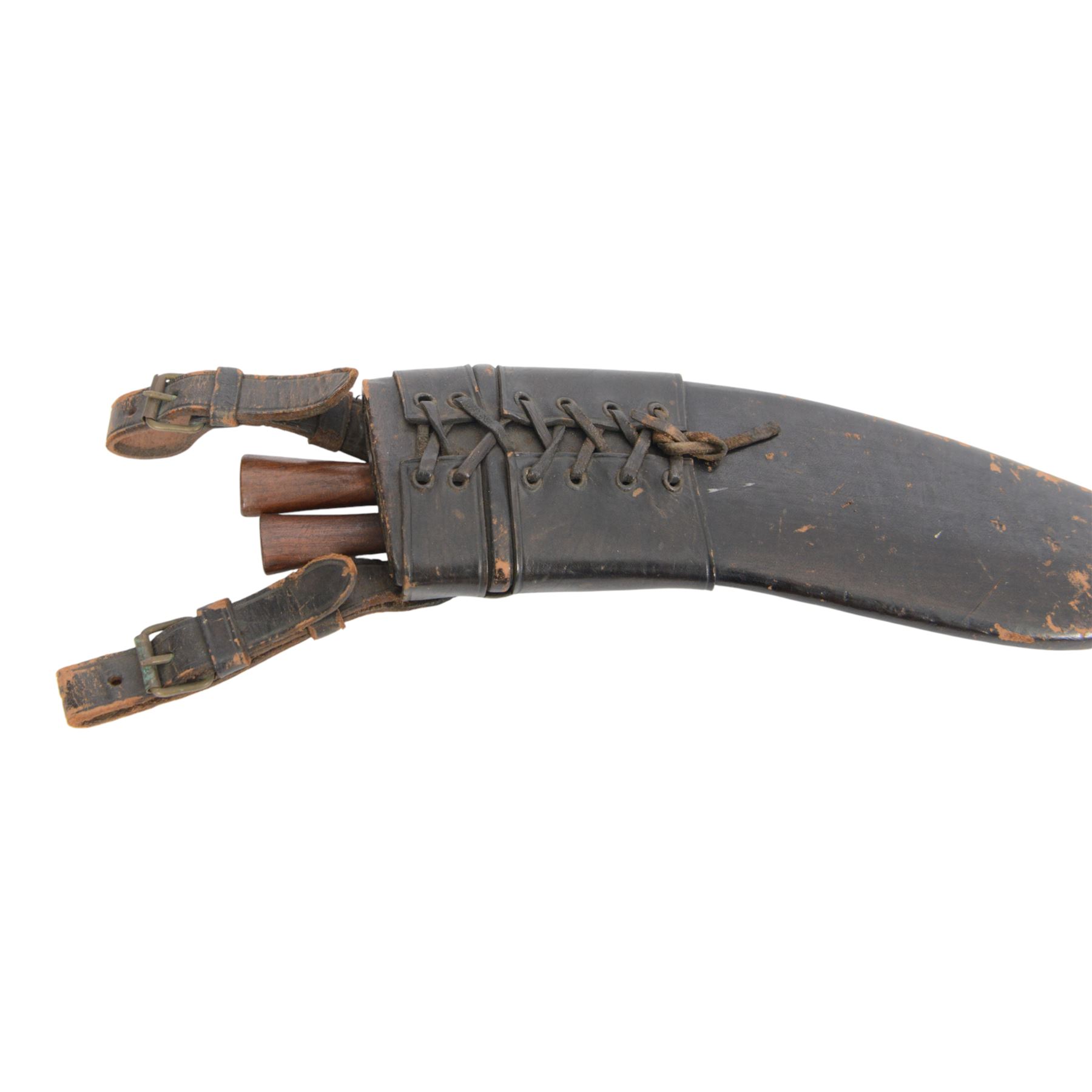 Two WWII Kukri knives, wooden grip with brass cap to pommel, single edged curved blade, within leather scabbard with belt attachments, overall L40cm 