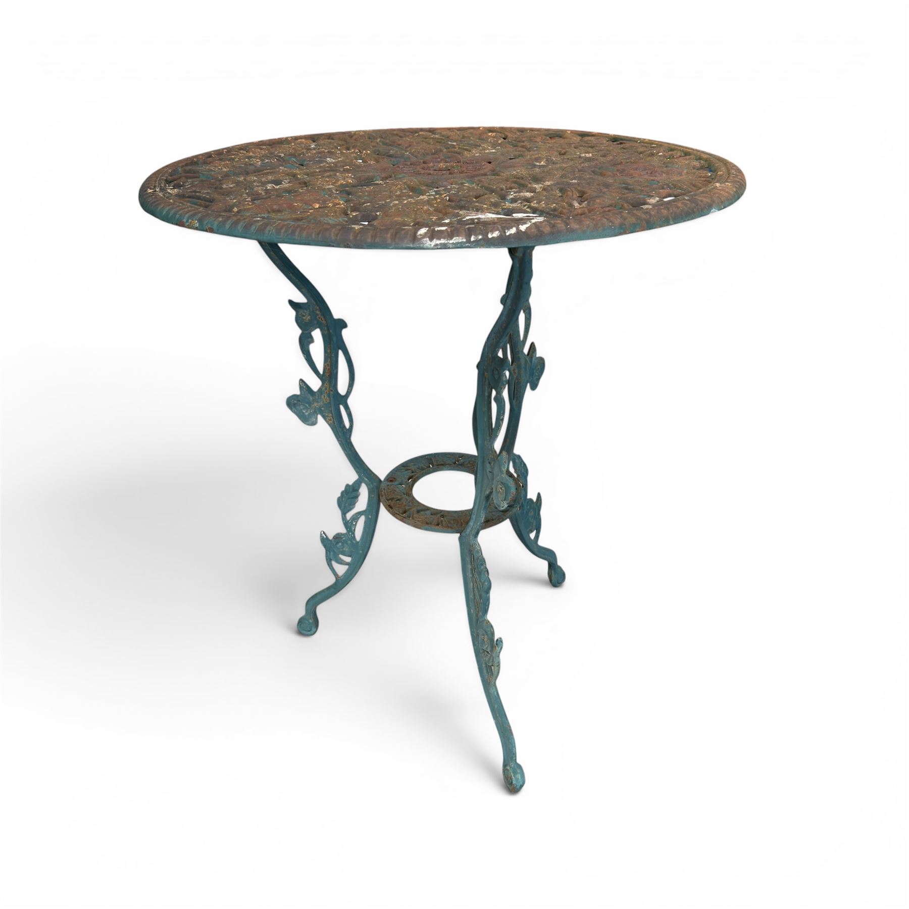 Cast iron garden table and four chairs, in the Art Nouveau style, with pierced floral and foliate decoration throughout, circular table raised on four cabriole legs with stretcher ring, chairs with shaped openwork backs and seats, in a weathered green finish