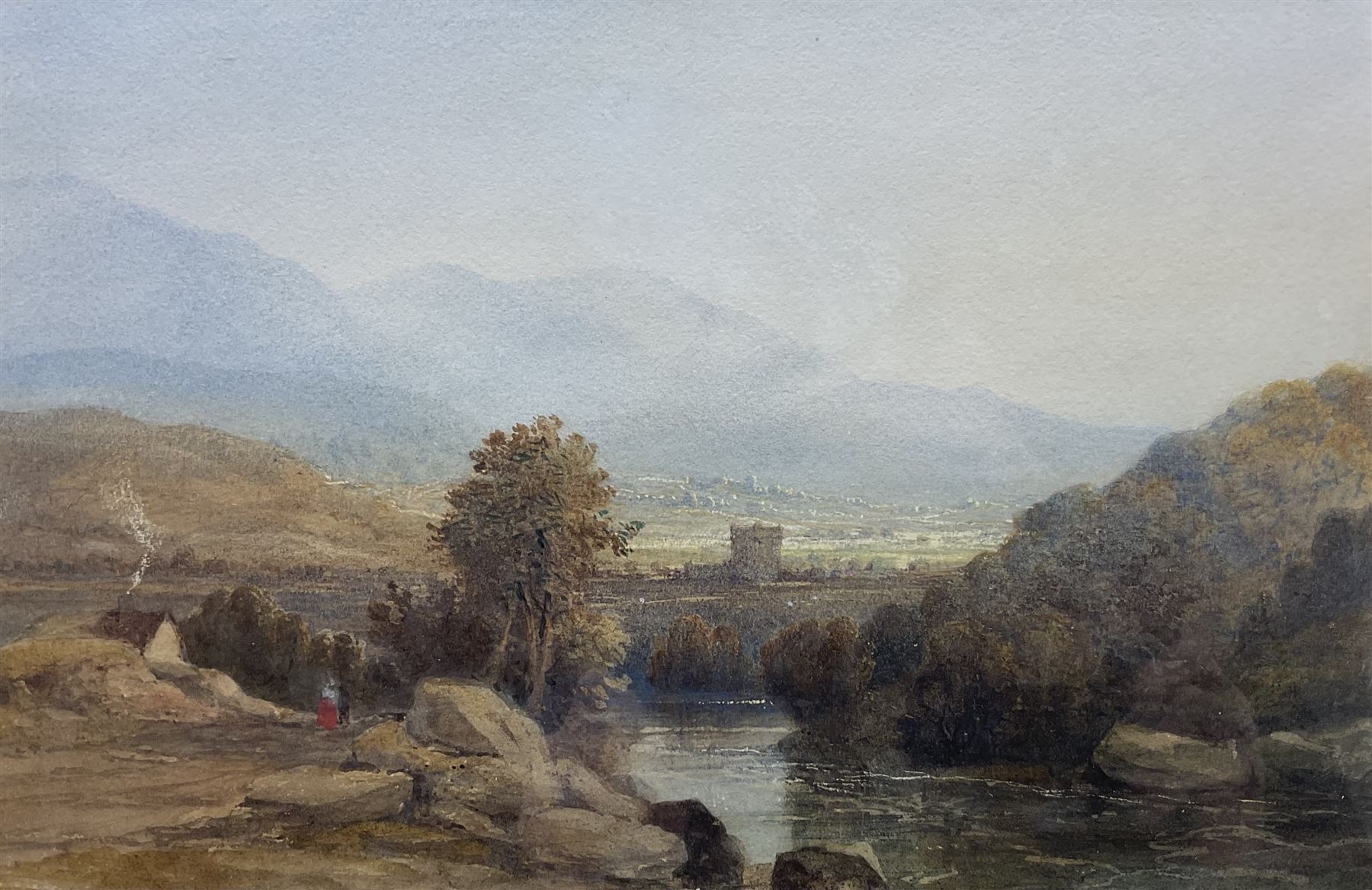 Edward Martindale Richardson (British 1810-1874): 'Evening Near Dunkeld on the River Tay', watercolour unsigned, original title label verso 22cm x 34cm 
Provenance: private collection, purchased James Alder Fine Art, Hexham; with Mallams Oxford 9th March 2016 Lot 442