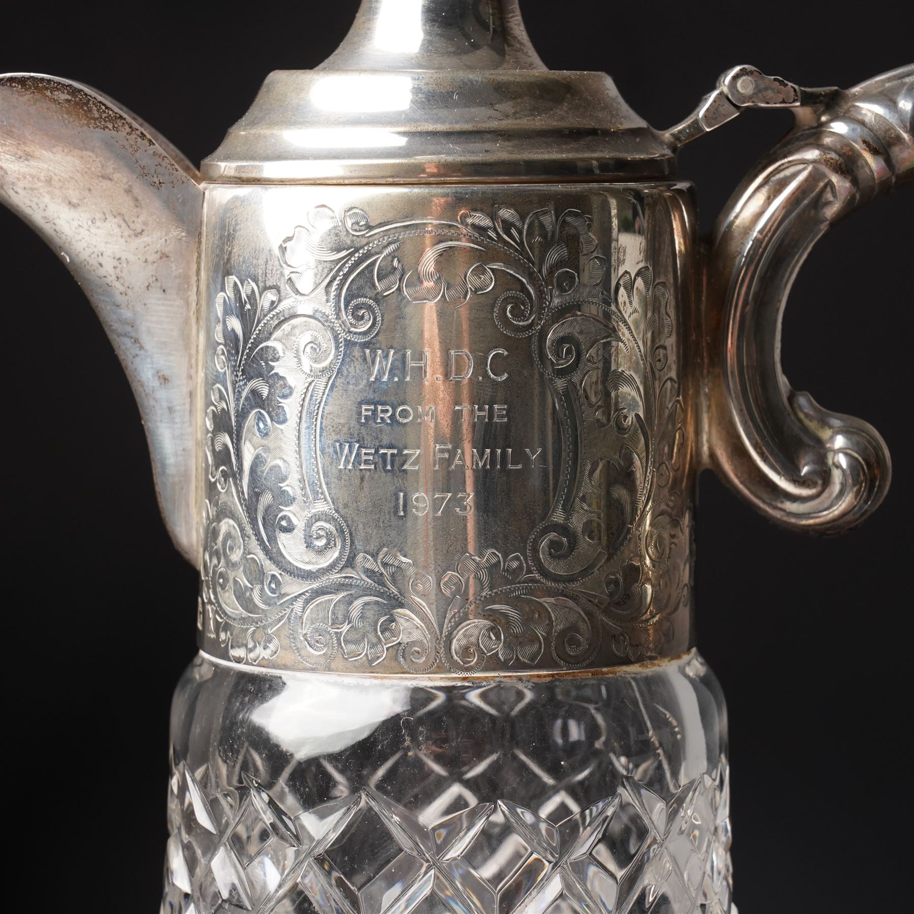 Glass claret jug with engraved silver mounts Birmingham 1972 Maker Garrard & Co. Ltd