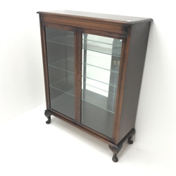  20th century mahogany display cabinet, two doors enclosing three adjustable shelves, cabriole feet, W92cm, H118cm, D35cm  