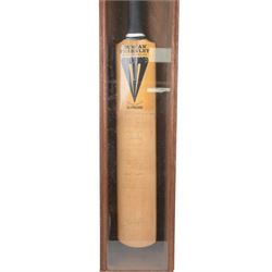 Duncan Fearnley cricket bat, signed by the 1988 England vs West Indies cricket teams from the 1st test match with players signatures including Mike Gatting, Allan Lamb, David Gower, Graham Gooch, Viv Richards and Curtly Ambrose, contained within a glazed wooden display case, H100cm