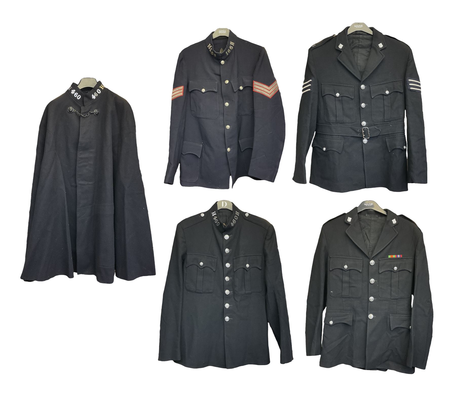 Hull City Police - vintage tunic with matching cape, collar no.H460; another tunic with WW2 medal ribbon bar; early sergeant's tunic; and later sergeant's tunic (5)