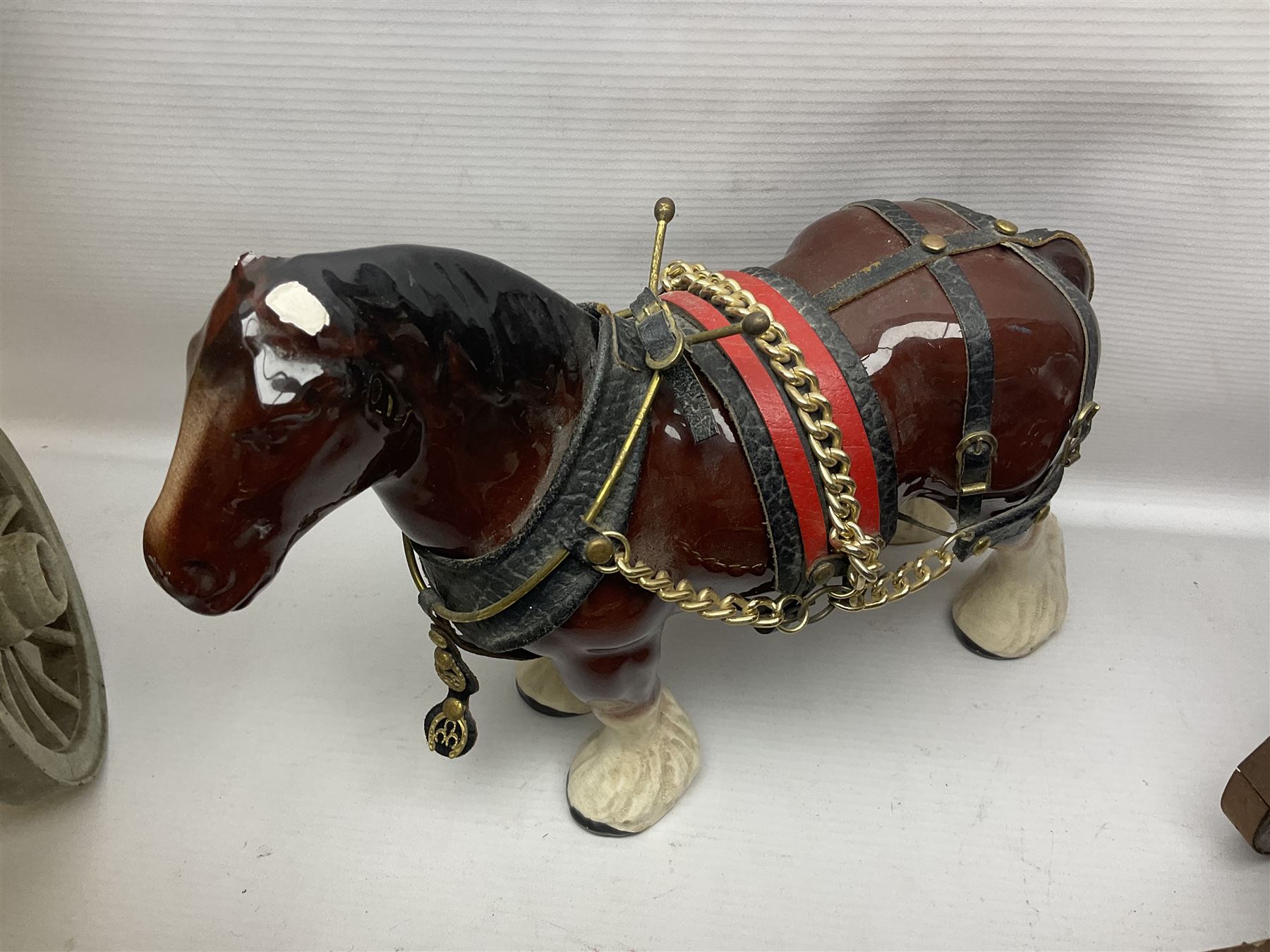 Two ceramic shire horse and gypsy caravans, together with horse brasses 