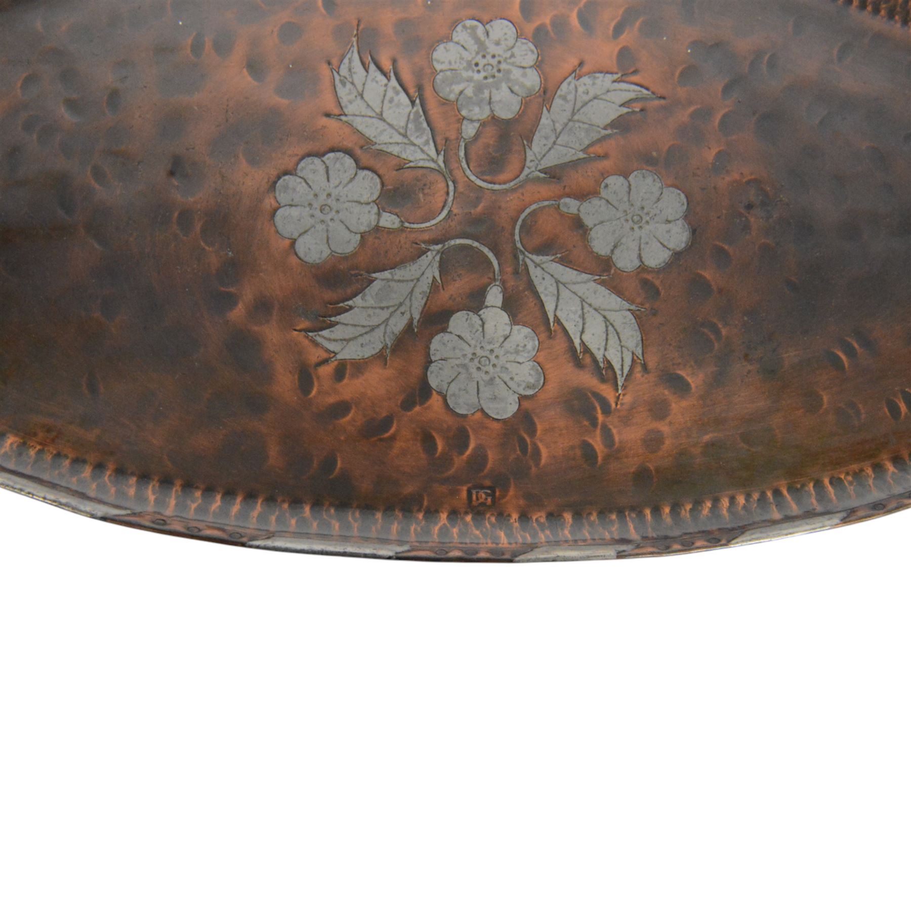 20th century Japanese copper dish, with fluted rim embossed with a dragonfly, together with Paul Gilling copper and pewter tray 