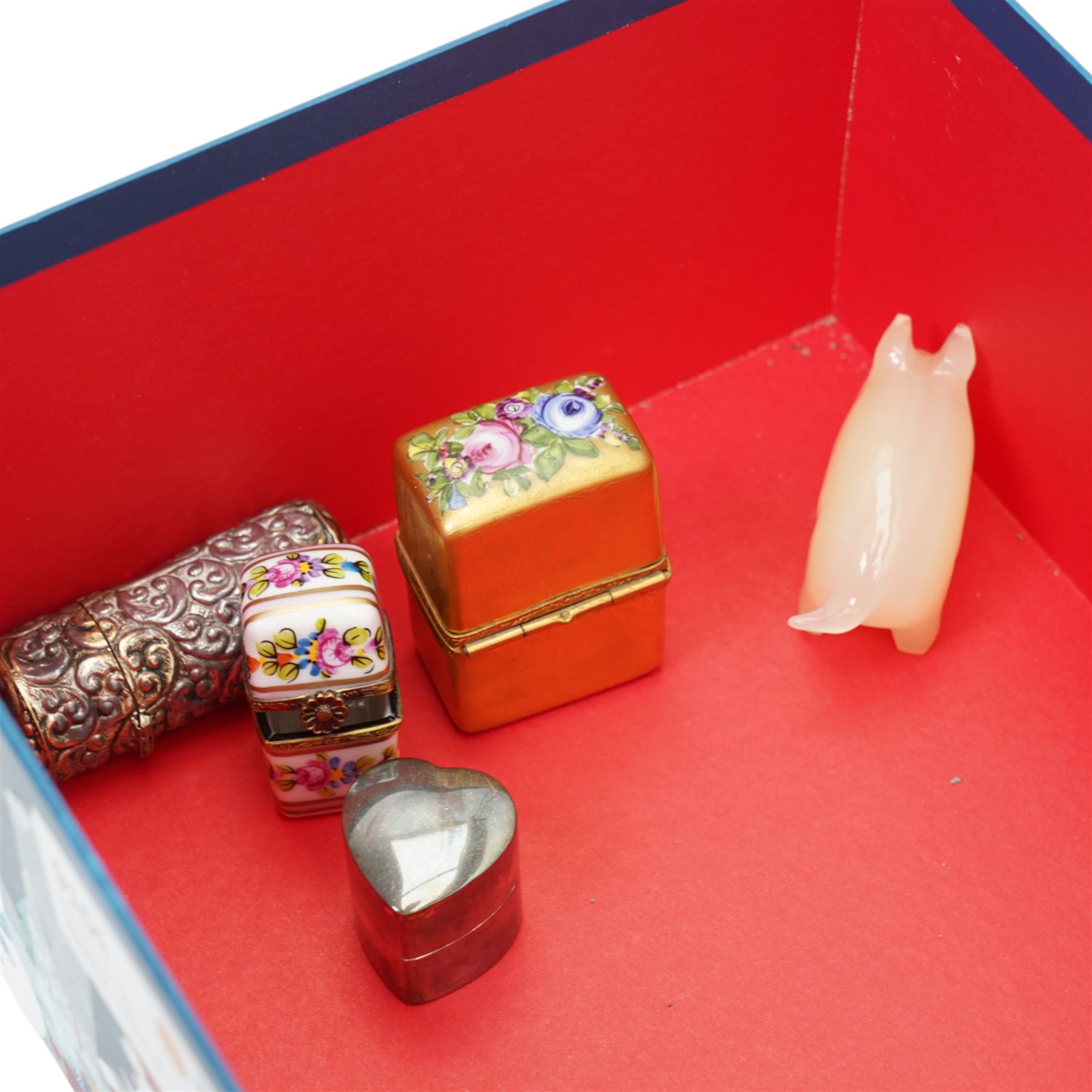 Carved jade pig, W7cm; together with a Loris Hancock one of a kind ornament 'Sweet Dreams Wanderers' and various trinket boxes including two Limoges examples