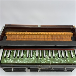 Indian portable harmonium by Kamala with mahogany stained wooden case and green pearline keys L56cm