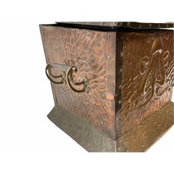 Arts and Crafts copper coal box, of square form with twin curved handles, with hammered finish, and embossed stylised motif to the front and hinged cover, H37cm L40cm D35.5cm