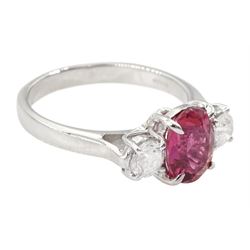 18ct white gold three stone oval cut pink tourmaline and round brilliant cut diamond ring, hallmarked, tourmaline approx 2.60 carat, total diamond weight approx 0.40 carat