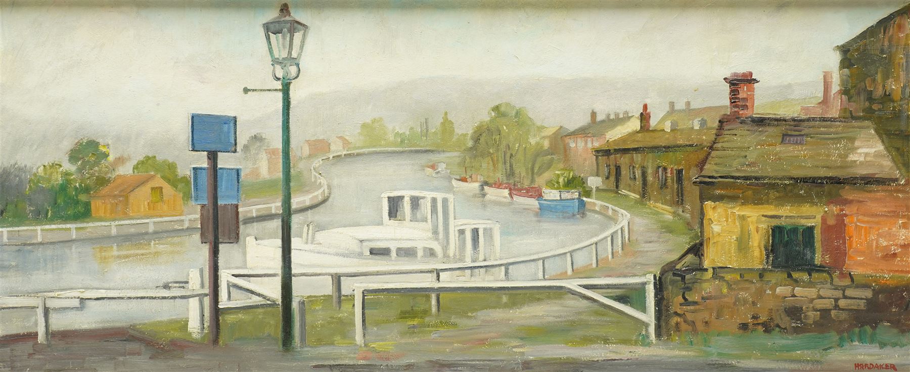 James Hardaker (British 1901-1991): 'Above 5 Rise Locks - Bingley' Canal Landscape, oil on board signed, titled verso 37cm x 90cm 