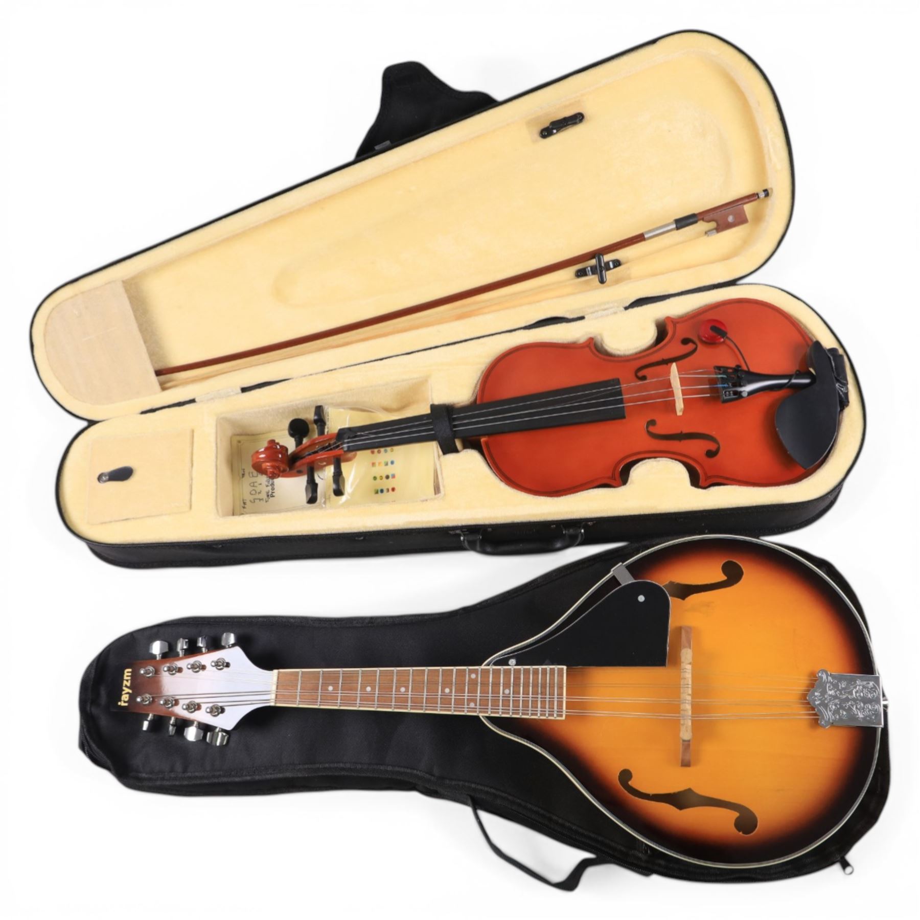 Rayzm mandolin and a student violin, both cased
