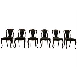 Set of six Victorian walnut dining chairs, leather upholstered seats and backs, scrolled carved cabriole supports