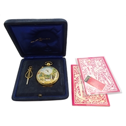 Charles Reuge Saint-Croix musical automaton alarm pocket watch, cylinder movement, alarm hand, printed landscape scene with depicting a lady beside a water pump and a figure on a horse, No. 3307, wide, with fitted box, winding key and booklet 