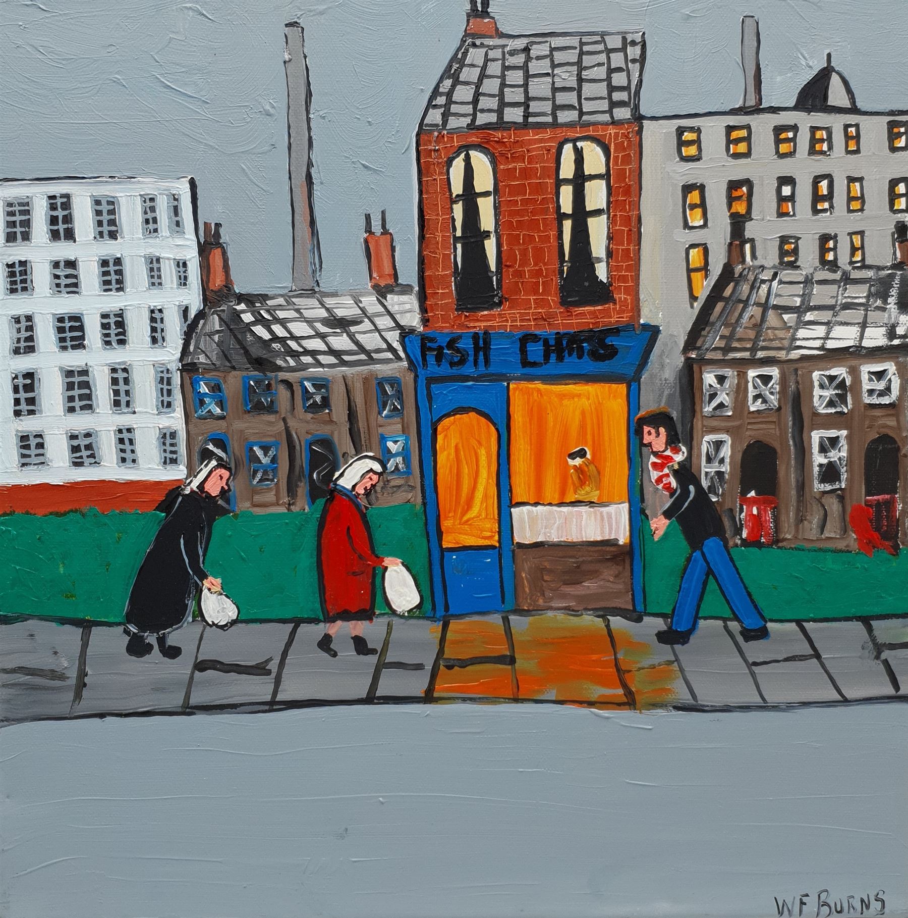 William Findley Burns (Northern British 1949-): 'The Chip Shop', oil on canvas signed, titled verso 40cm x 40cm (unframed)