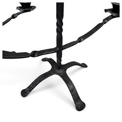 Collection of wrought iron candle stands, comprising five-light and three-light floor-standing candelabra with scrolling branches, and a pair of five-light table candelabra of naturalistic branching form