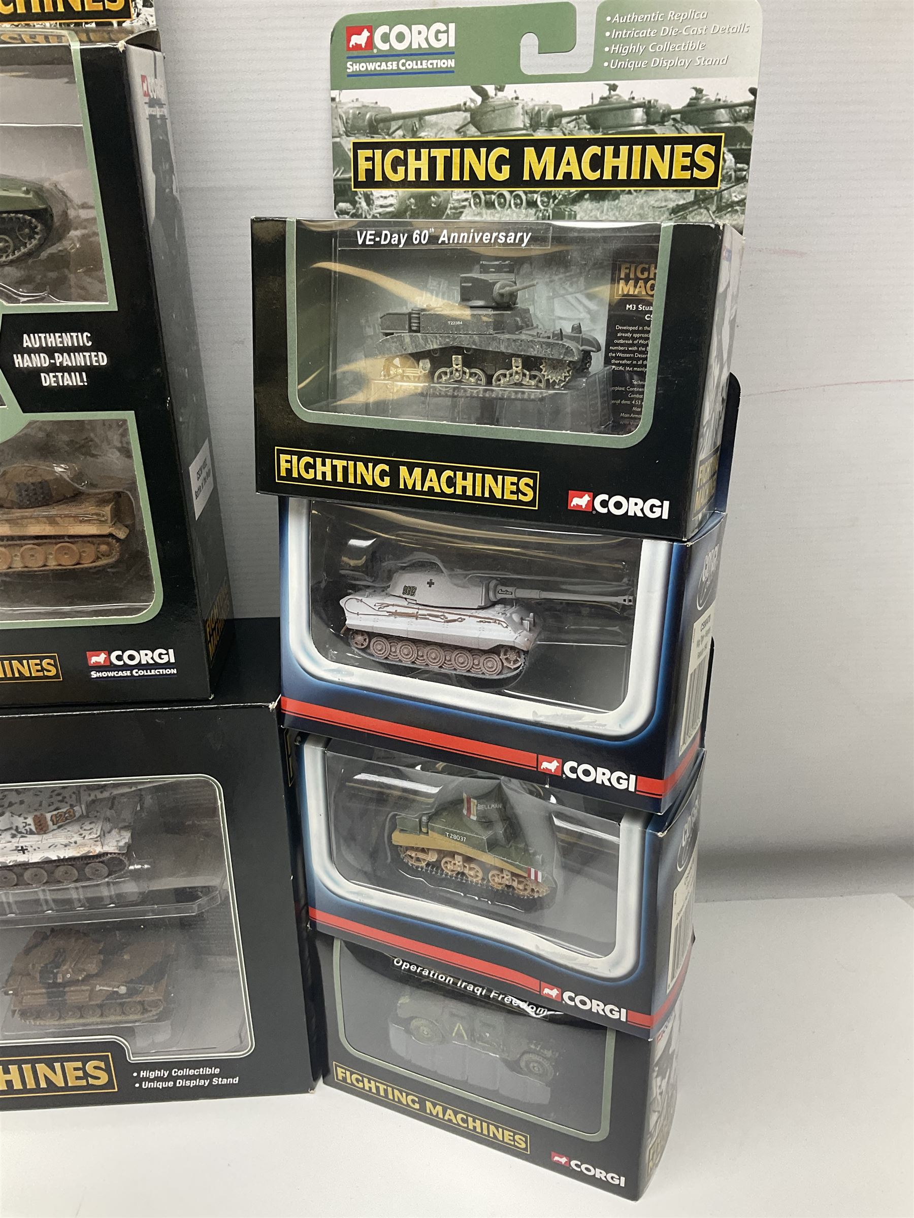 Corgi - twenty-six Showcase Collection 'Fighting Machines' for tank warfare including four-model pack, three two-model packs, WWII Legends, D-Day 60th Anniversary etc; all boxed (26)