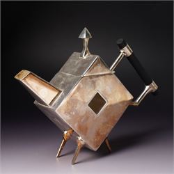 Manner of Christopher Dresser (1834-1904) - two art deco design silver plated teapots, of circular and square form with vacant centre, ebonised handles, each marked and with registration mark, max H18cm (2)