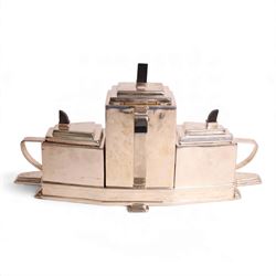 Art Deco silver plated tea set, in the manner of Christopher Dresser, within a fitted tray H23cm