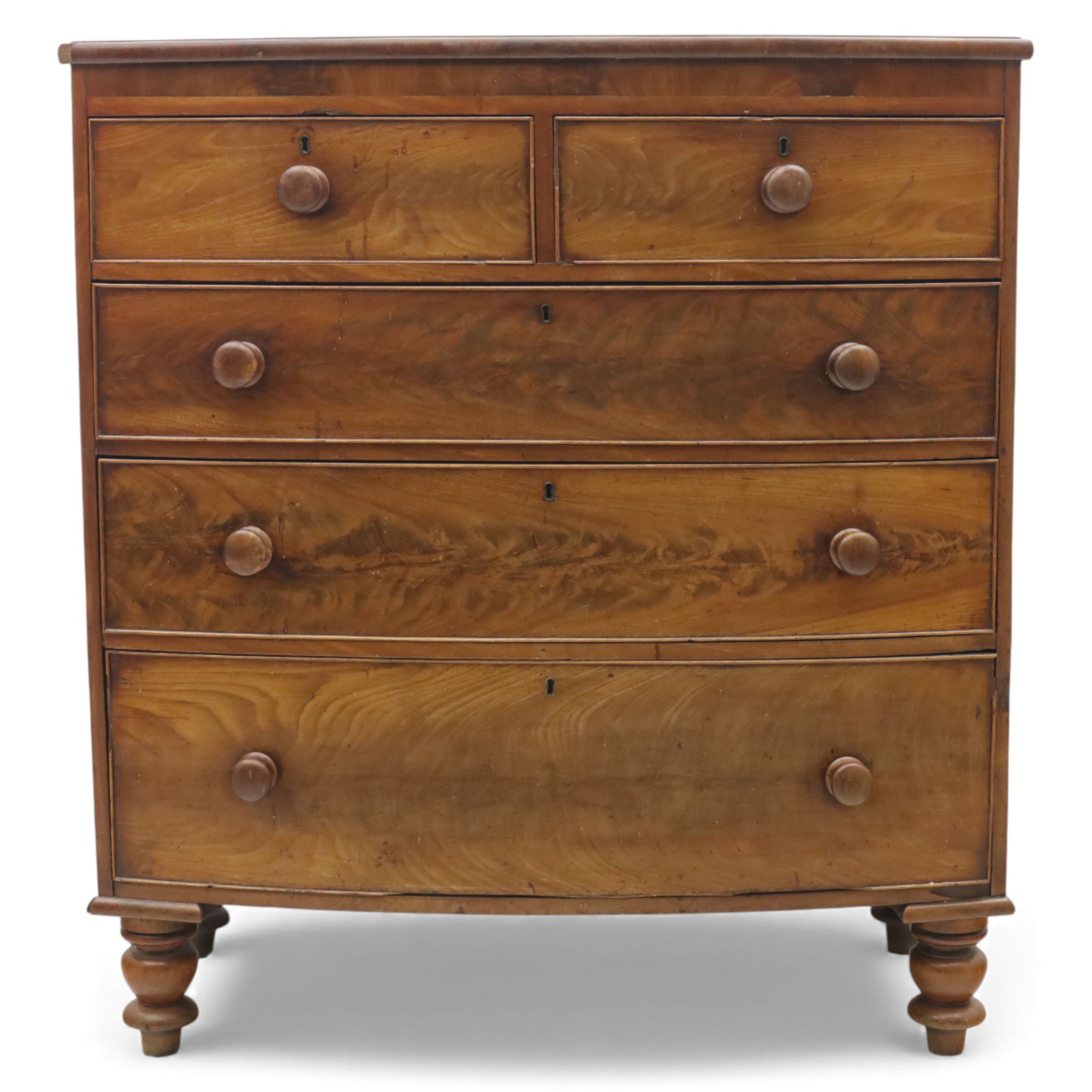 19th century mahogany bow-front chest, with two short over three long graduated drawers, fitted with turned wooden knobs, raised on turned bun feet