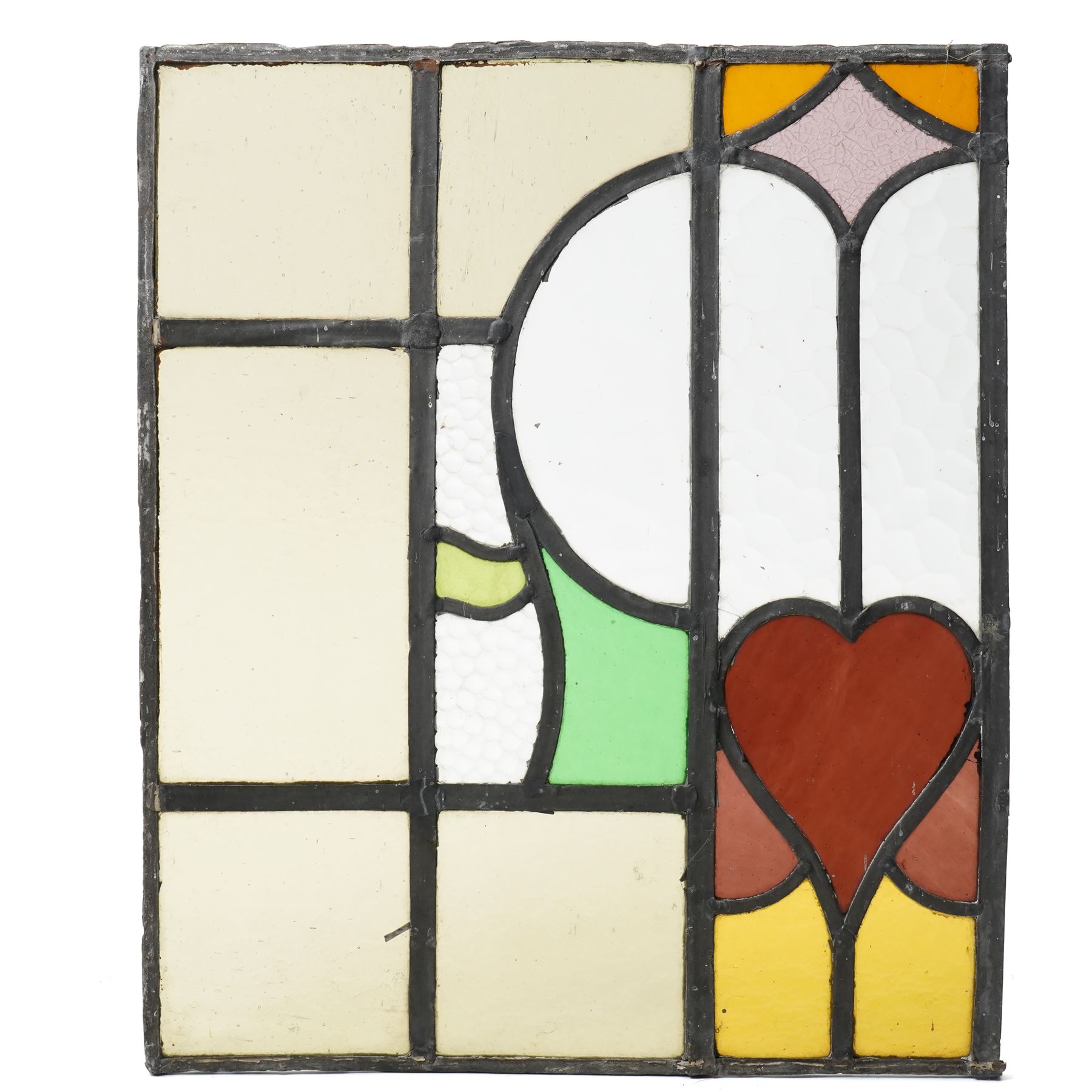 Victorian leadlight and stained glass panel, with heart motif, 47cm x 40cm 