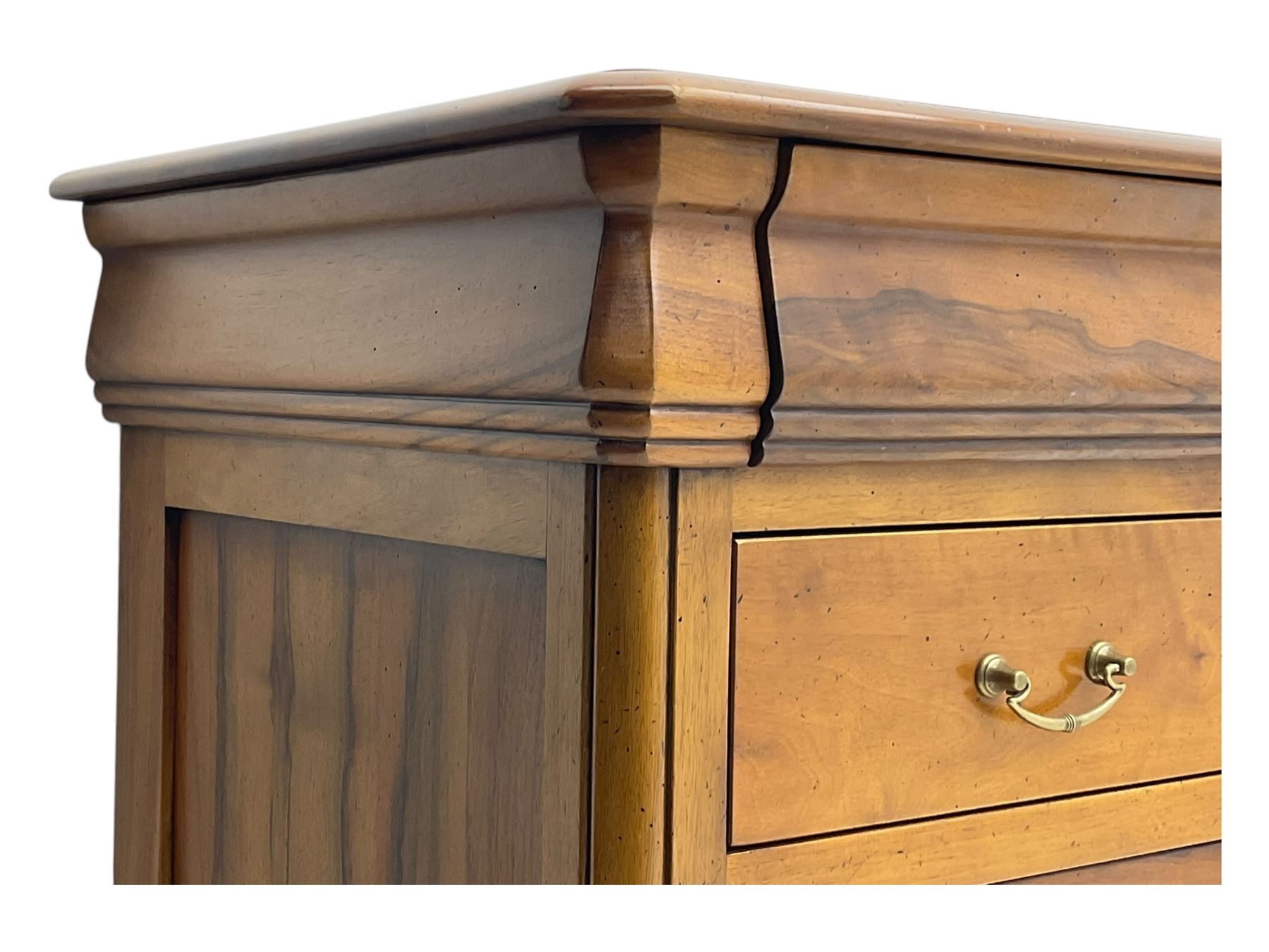 French cherry wood kneehole desk or dressing table, moulded rectangular top over twin pedestal bases each housing three drawers with brass-effect swing handles, resting on bracket feet