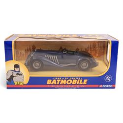 Four Corgi Batman diecast vehicles, comprising 1:18 1940s DC Comics Batmobile, 1:24 scale 1960s DC Comics Batmobile, 1:16 scale 2000 DC Comics Batcycle, all boxed and an unboxed Corgi 2000s DC Comics Batmobile