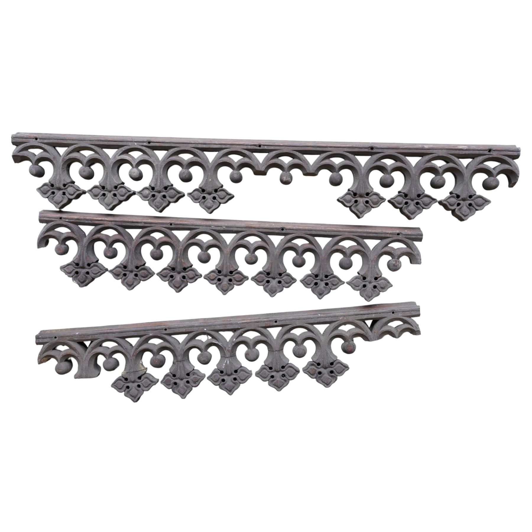 Architectural Salvage - Quantity of oak architectural feaatures including set of six carved communion rail supports, pierced and carved decorative panels, lead mounted pelmet etc
Note: Removed in the 19th century from the church in the grounds of a private Yorkshire estate 
Provenance: property of a Nobleman