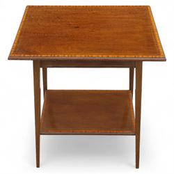 Three-piece mixed furniture lot, comprising an Edwardian mahogany occasional table with inlaid border and under-tier (H 70cm, W 54cm, D 38cm), a French parquetry corner cabinet with ormolu mounts (H 83cm, W 50cm, D 29cm), and a shaped walnut framed wall mirror with scroll cresting (H 75cm, W 43cm)