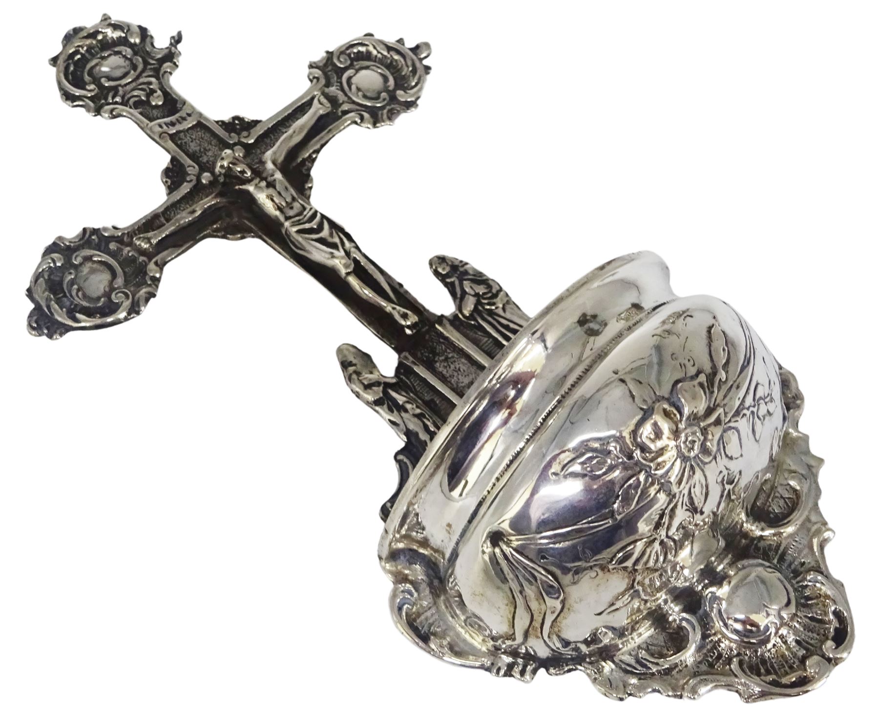 Early 20th century German silver holy water stoop, modelled as Christ upon the cross above a curved cistern with embossed floral decoration, stamped verso 800, also bearing crown and crescent mark and makers mark for Simon Rosenau, H17.5cm, together with a small pair of Continental silver vases, each embossed throughout with flower heads, each stamped beneath 800, and a Dutch box of rectangular form, the underside embossed with hunting scene, the domed cover with two figures, marked with Lion Passant purity mark, Minerva head duty mark, and date letter, probably 1886, approximate total weight (333 grams)