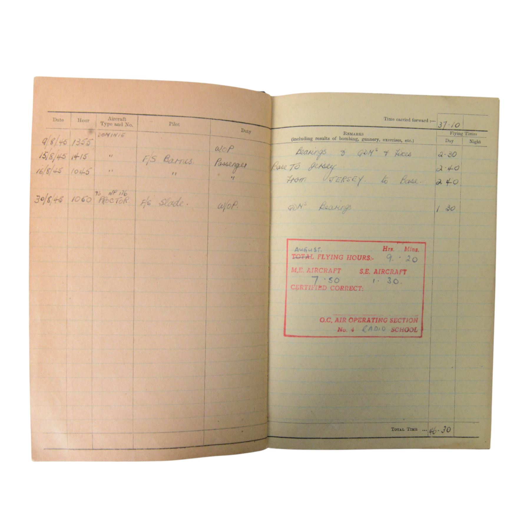 WWII Royal Air Force battle dress blouse, belonging to Flight Sargent Colin Scott 3011422, dated 1945, tailors label for M & N Horne Ltd 1945, Size No 7, blue cloth, Signaller cloth brevet, wireless officers patch to right sleeve and braid sergeant stripes to both sleeves, together with his flight log book, postings & Movements, Royal Air Force Service and Release Book, photographs etc  