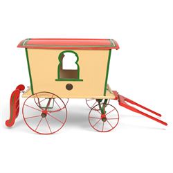 G & J Lines wooden gypsy caravan model, painted in cream with red roof, wheels and green d...