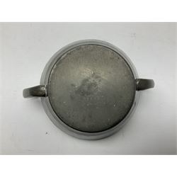 Liberty & Co Tudric pewter three piece tea service, comprising teapot with woven reed handle, twin handled open sucrier, and milk jug, each of squat form with planished finish, each impressed beneath Tudric Pewter Ware 01537 Made in England, together with a matched unmarked tray
