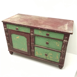 Victorian painted pine dresser base, four graduating drawers, single cupboard, turned supports, W135cm, H89cm, D62cm