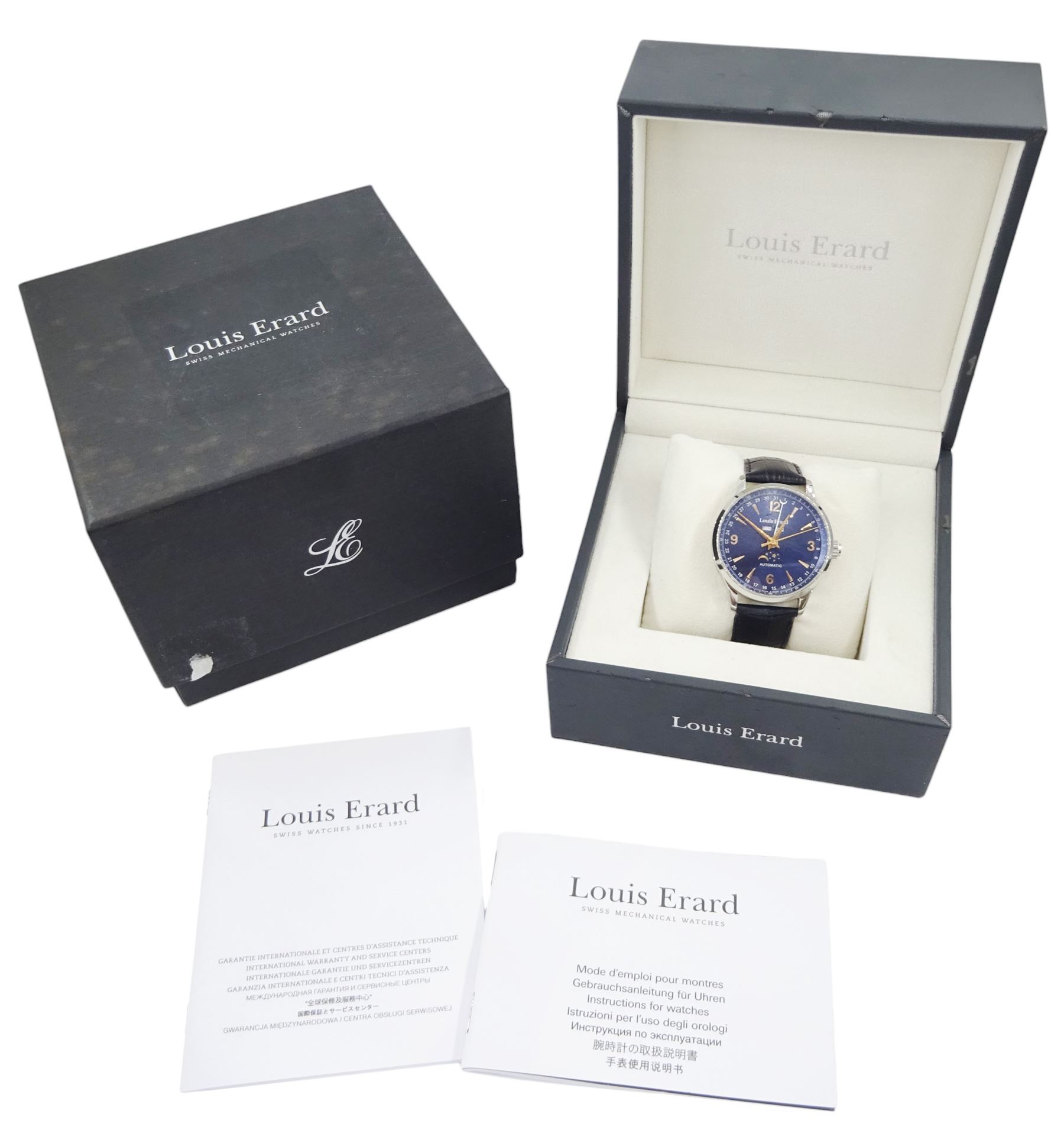 Louis Erard gentleman's stainless steel automatic moonphase wristwatch, blue dial with Arabic and dagger hour markers and day / date aperture, on blue leather strap, with fold-over clasp, boxed