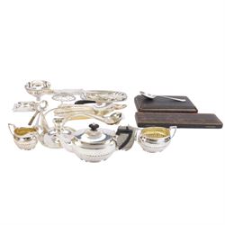 Collection of silver plate, including three piece bachelor's tea service by Pearce & Sons ...
