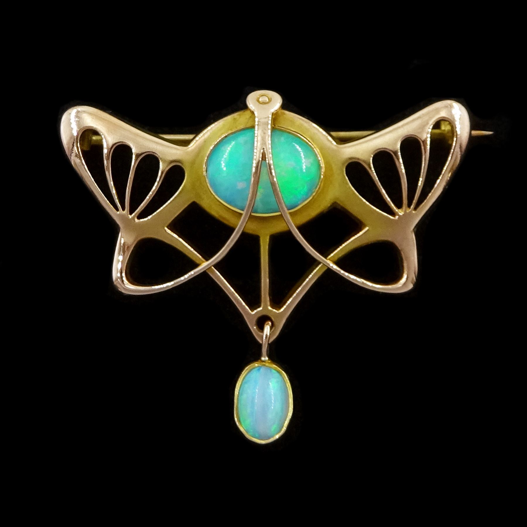 Art Nouveau 9ct gold opal brooch by Barnet Henry Joseph, stamped B.H.J.9ct