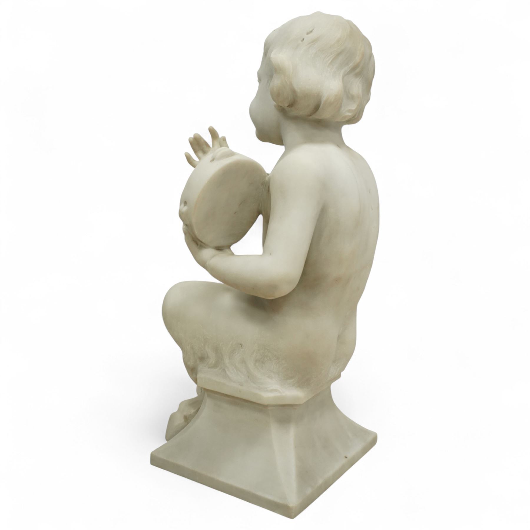 Follower of Claude Michel Clodion (French 1738-1814): The Putti-Faun Orchestra - set of four Italian carved white marble figures of child satyrs as musicians, each finely carved figure depicting a seated putto-faun with youthful features and small goat’s legs and cloven feet, variously playing rustic instruments: a syrinx (Panpipes), a flute, a tambourine and clappers - each raised on an integral waisted square plinth, Italian, circa 1900

Provenance: Kirkham Hall

Notes: Inspired by the rustic god Pan and his followers, these putti-fauns reflect the late-19th-century revival of classical themes popular with Grand Tour collectors; their instruments evoke the god Pan’s pastoral music, while the carving and  composition exemplify the appeal of bacchic subjects in the Italian neoclassical tradition