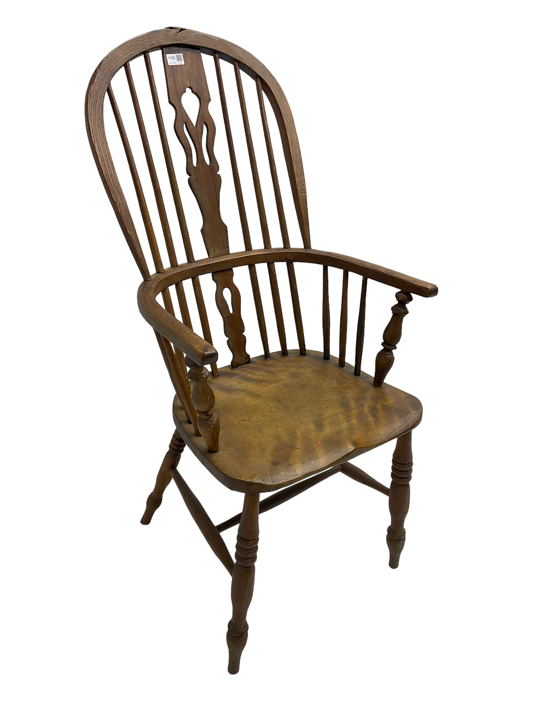 19th century elm and beech Windsor armchair, stick back with pierced splat, on turned supports with H-shaped stretchers