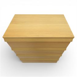 Ikea - 'Oppland' modern oak veneered chest of drawers and a pair of matching bedside chests, with moulded handles across the full width of the drawer, raised on block feet, Bedside tables (H 57cm, D 50cm, W 60cm) 