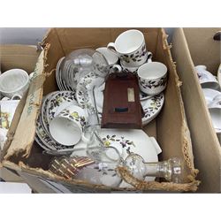 Glass ship in bottle, teawares, silver-plate and other metalware etc in five boxes