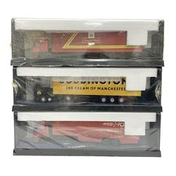 Corgi - three 'Modern Trucks' 1:50 scale heavy haulage vehicles comprising 75202 ERF Curtainside Boddingtons; 75502 Leyland-DAF Box Trailer Royal Mail; and 75501 Leyland-DAF Box Trailer Parcelforce Worldwide; each in factory sealed perspex display case (3)