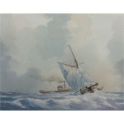 Alan Stark (British 20th century): Penzance Sailing Ship at Full Sail and Container Ship off Shore, pair watercolours signed 23cm x 29cm (2)
