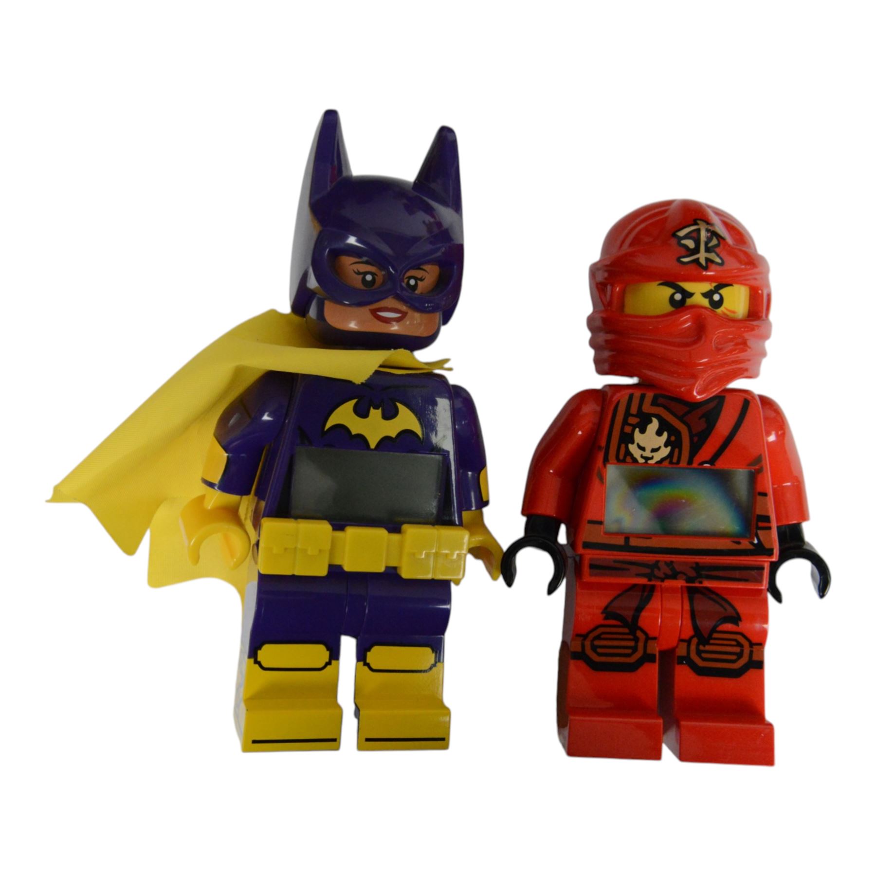 Collection of Lego minifigure alarm clocks and torches, including Batman, Superman, Storm Trooper, etc