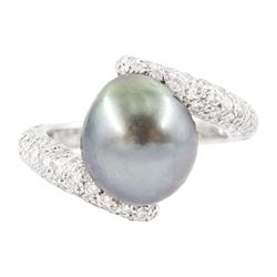 Chanel 18ct white gold pearl and diamond crossover ring, single cultured grey pearl, with ...
