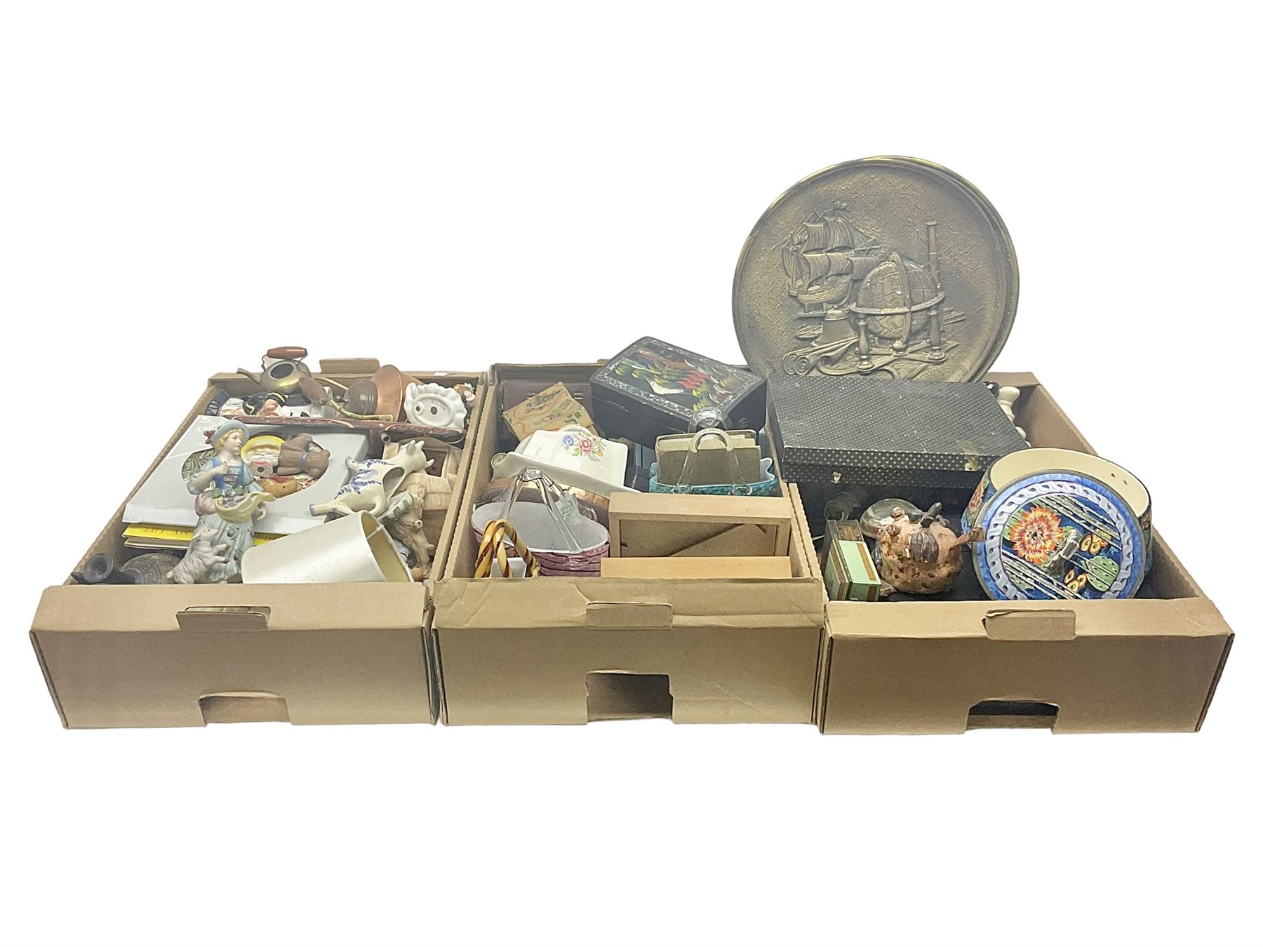 Selection of collectables, to include glass handbags, brass chargers, ceramics etc, in three boxes 