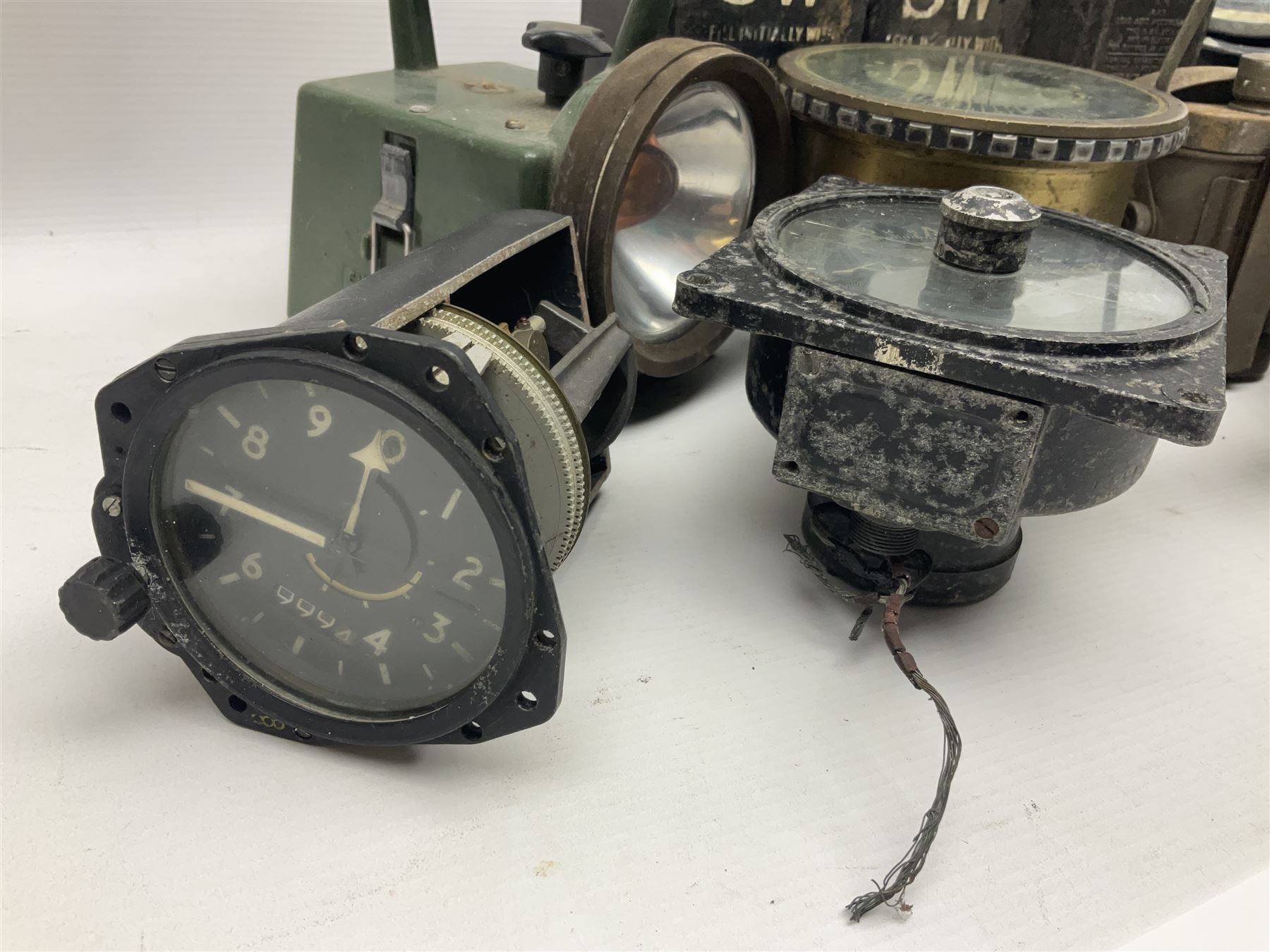 Three RAF light switches, together with military oxygen canister, batteries, gages etc  