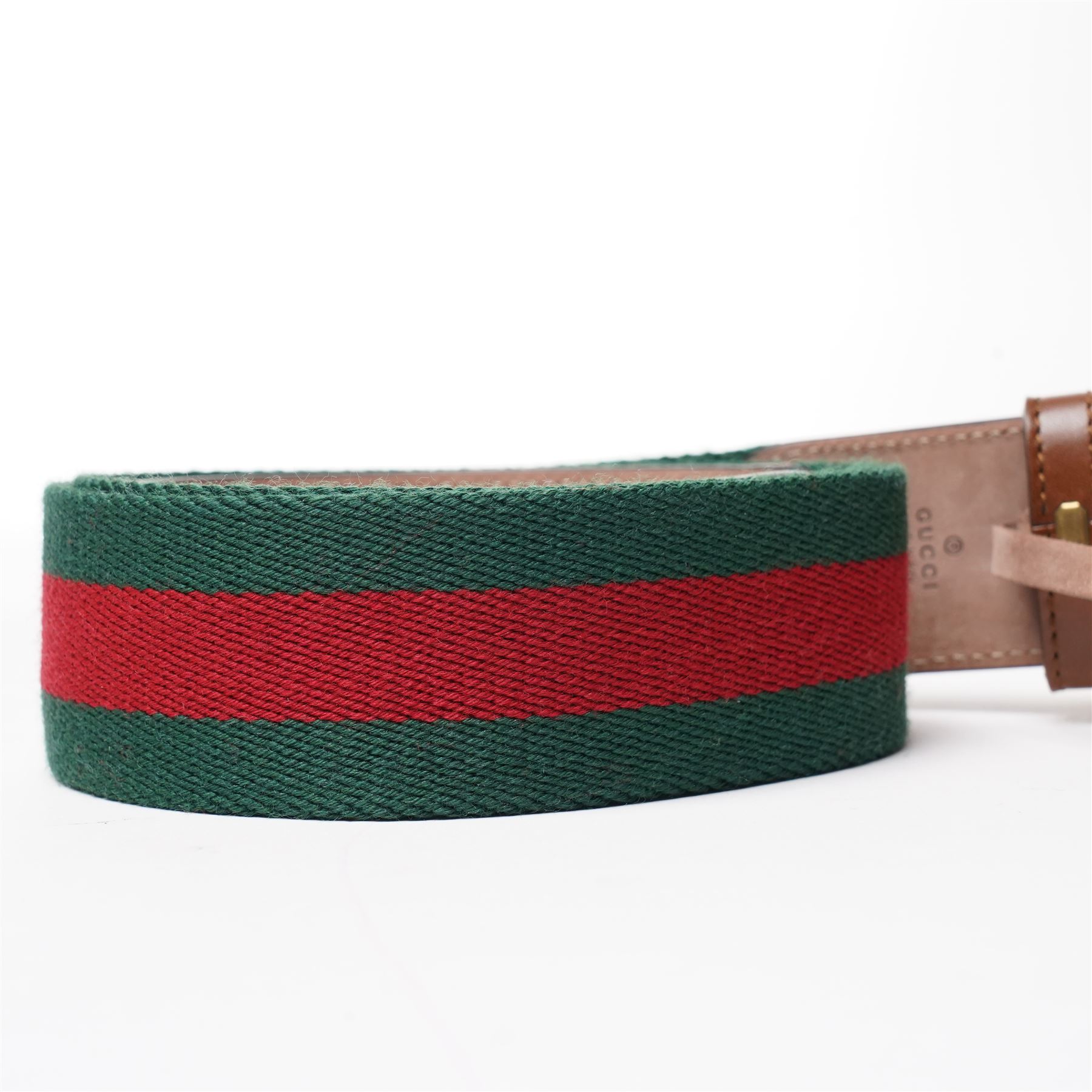 Gucci - web canvas and calfskin leather belt with signature green and red woven stripe, large gold tone GG buckle, stamped with serial numbers, size 85/34, L105cm, unused with original box and dust bag