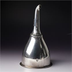18th century Sheffield plate wine funnel by Roberts, Cadman & Co with bell mark, two other plated wine funnels and a Victorian plated bottle coaster by Elkington & Co with pierced decoration and turned wooden base (4) 