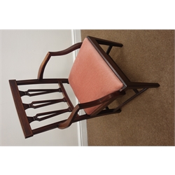  Set eight (6+2) early 20th century inlaid mahogany dining chairs, upholstered seat, square tapering supports  